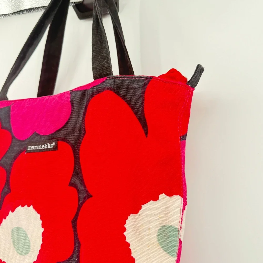 Marimekko Unikko Floral Tote Bag Womens Red Pink Canvas Zipper Shoulder Bag